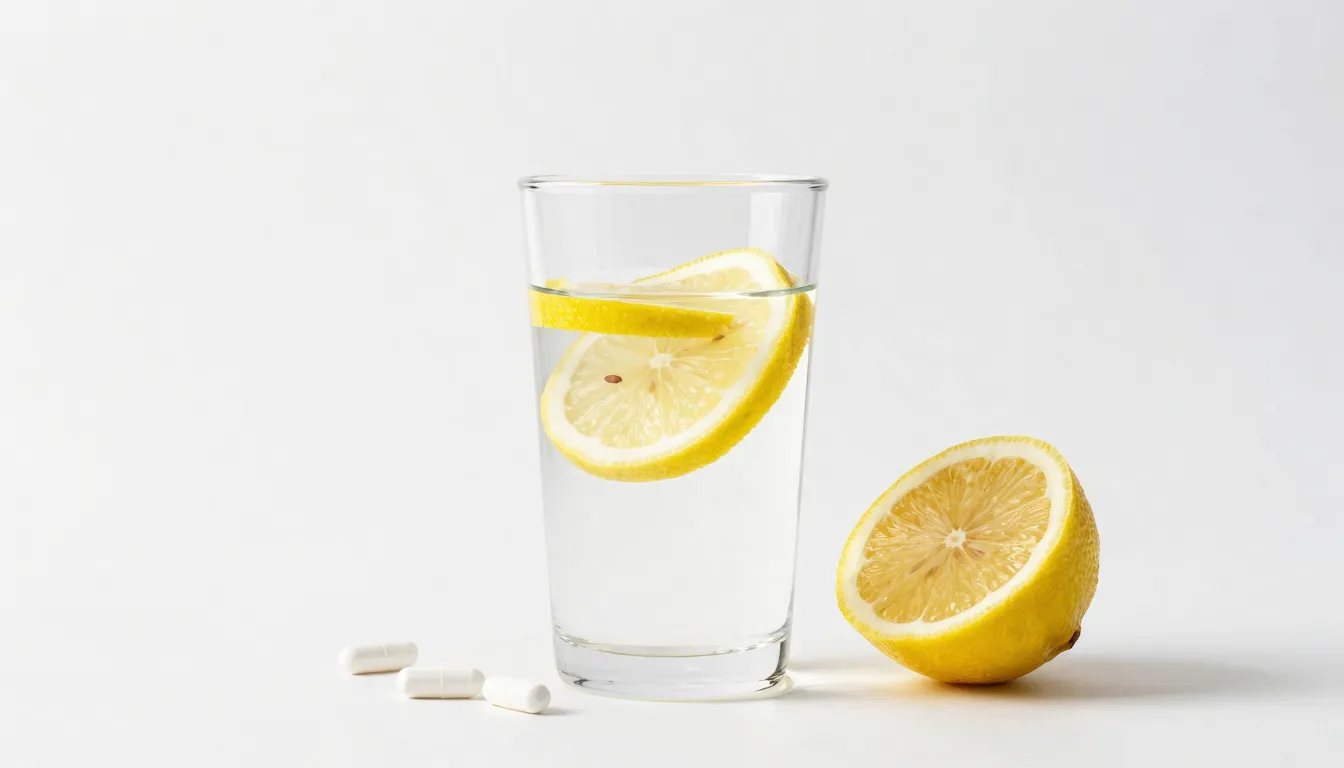 A minimalist glass of water with lemon slices and mineral su...