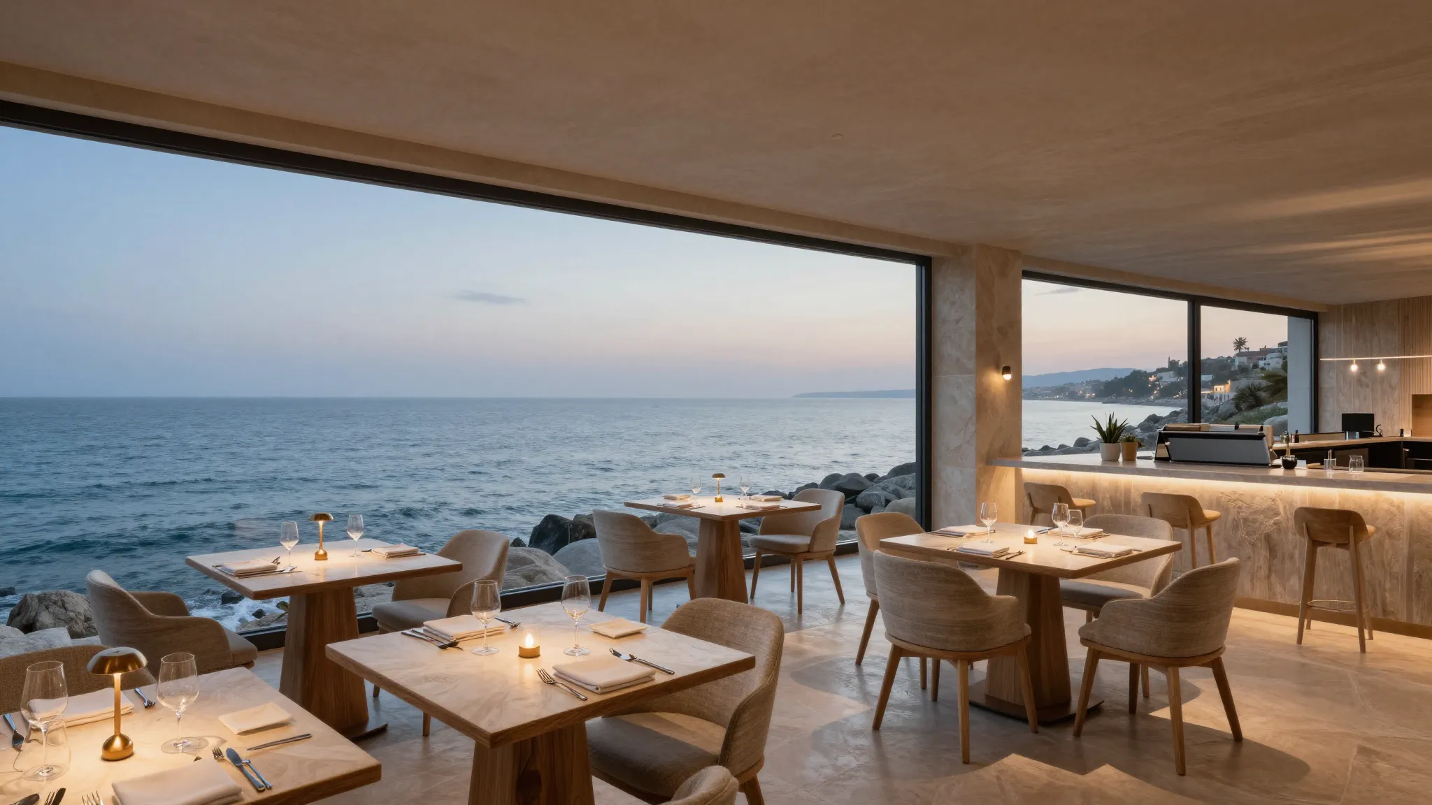 Interior of a luxury coastal restaurant, large panoramic win...