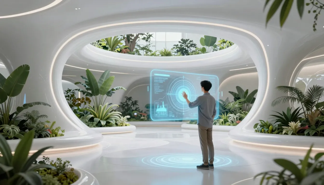 Futuristic utopian interior, a person interacting with a hol...