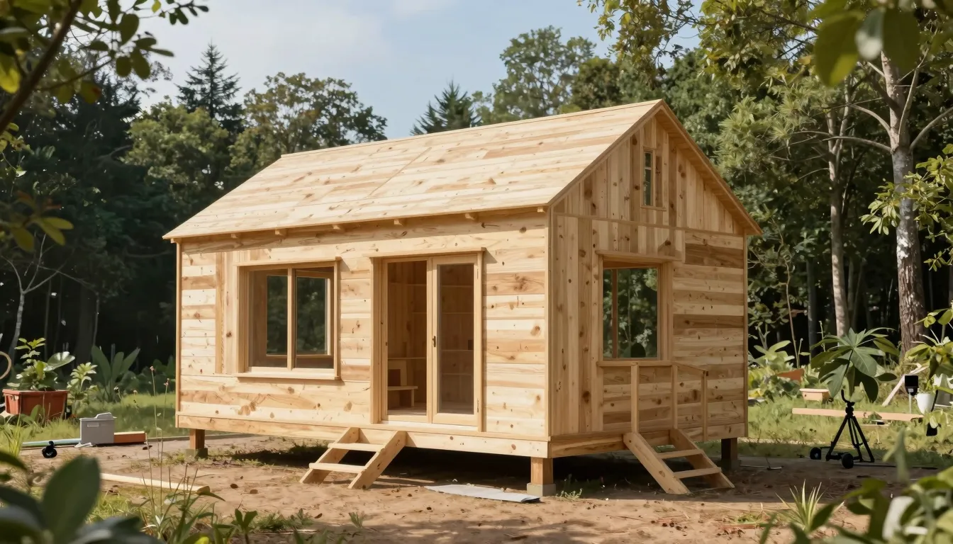 A futuristic eco-friendly wooden house being assembled quick...