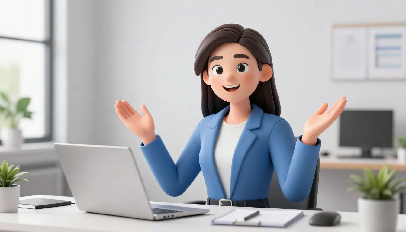 A friendly female AI assistant sitting at a modern desk with...