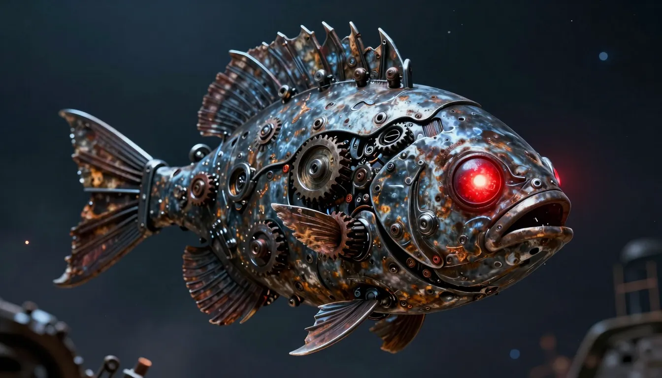 Evil robotic space fish, made of corroded scrap metal, glowi...