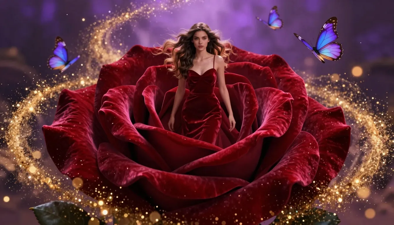 A cinematic wide shot of a stunning young woman with flowing...