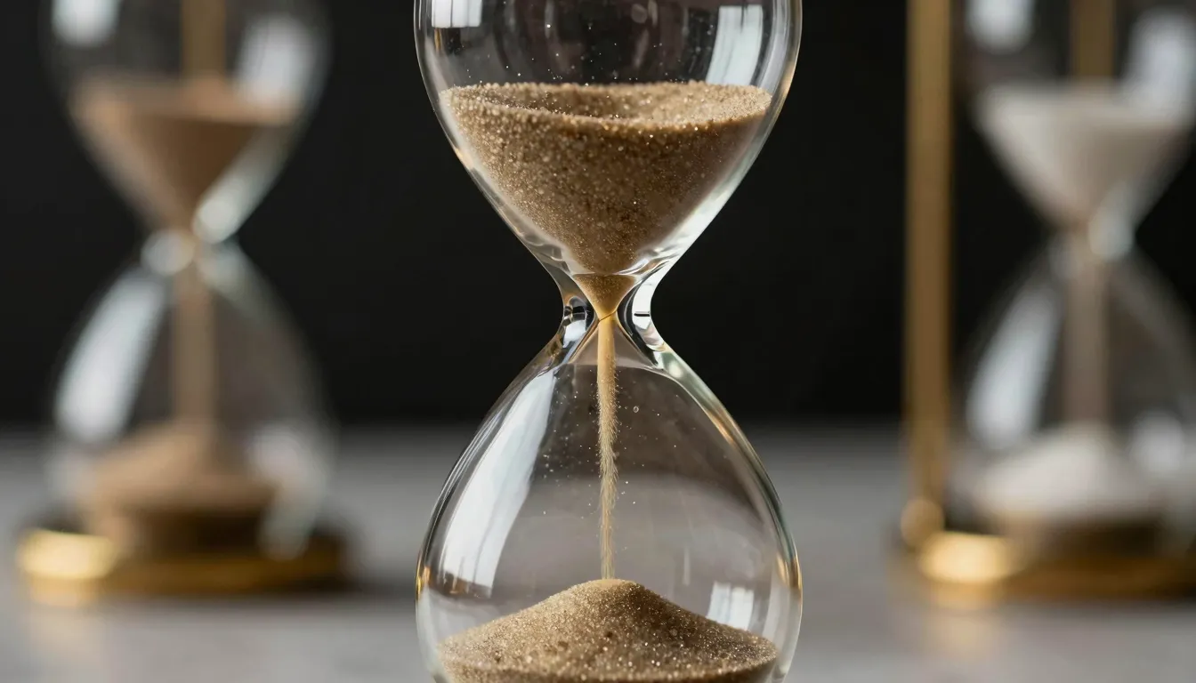 A sophisticated hourglass made of crystal and gold, sand flo...