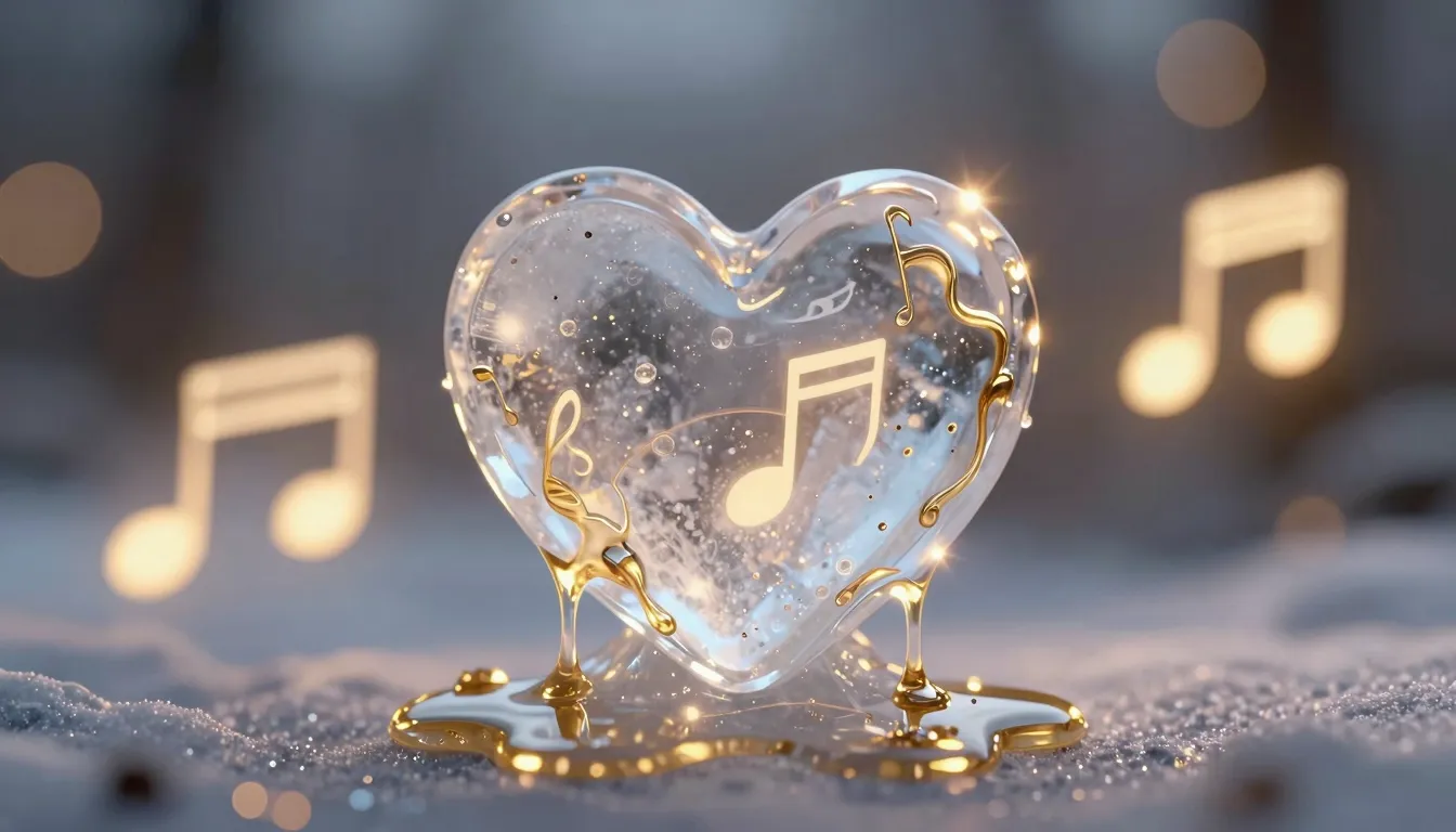 A poetic visual of a delicate ice sculpture of a heart slowl...