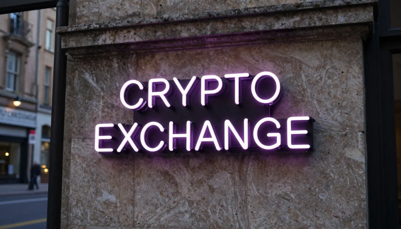 A stylish neon sign on a stone wall in a city street saying ...