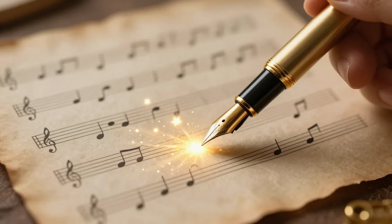 A beautiful golden fountain pen writing glowing musical note...