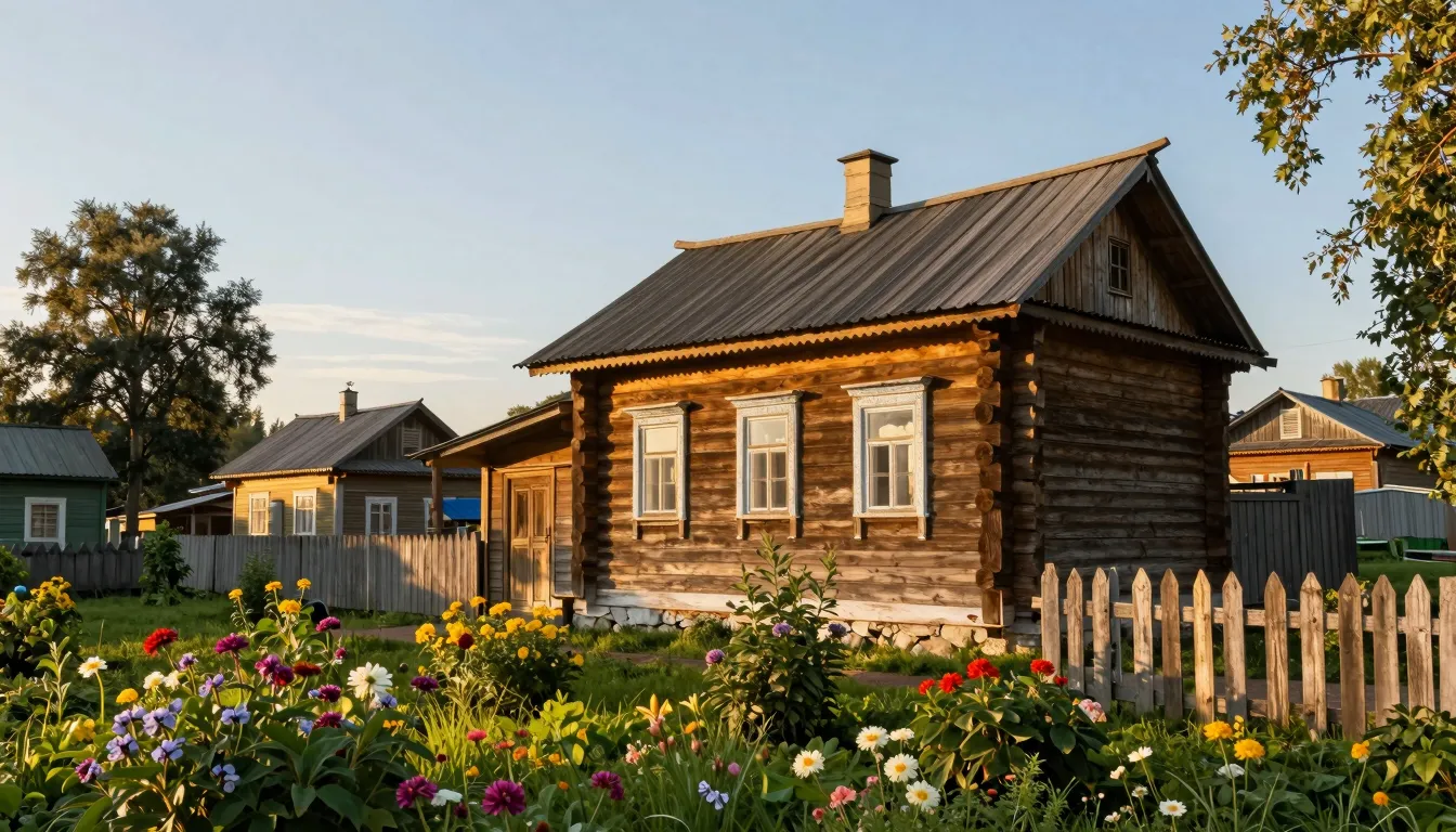 Traditional Russian wooden house in a small village, golden ...