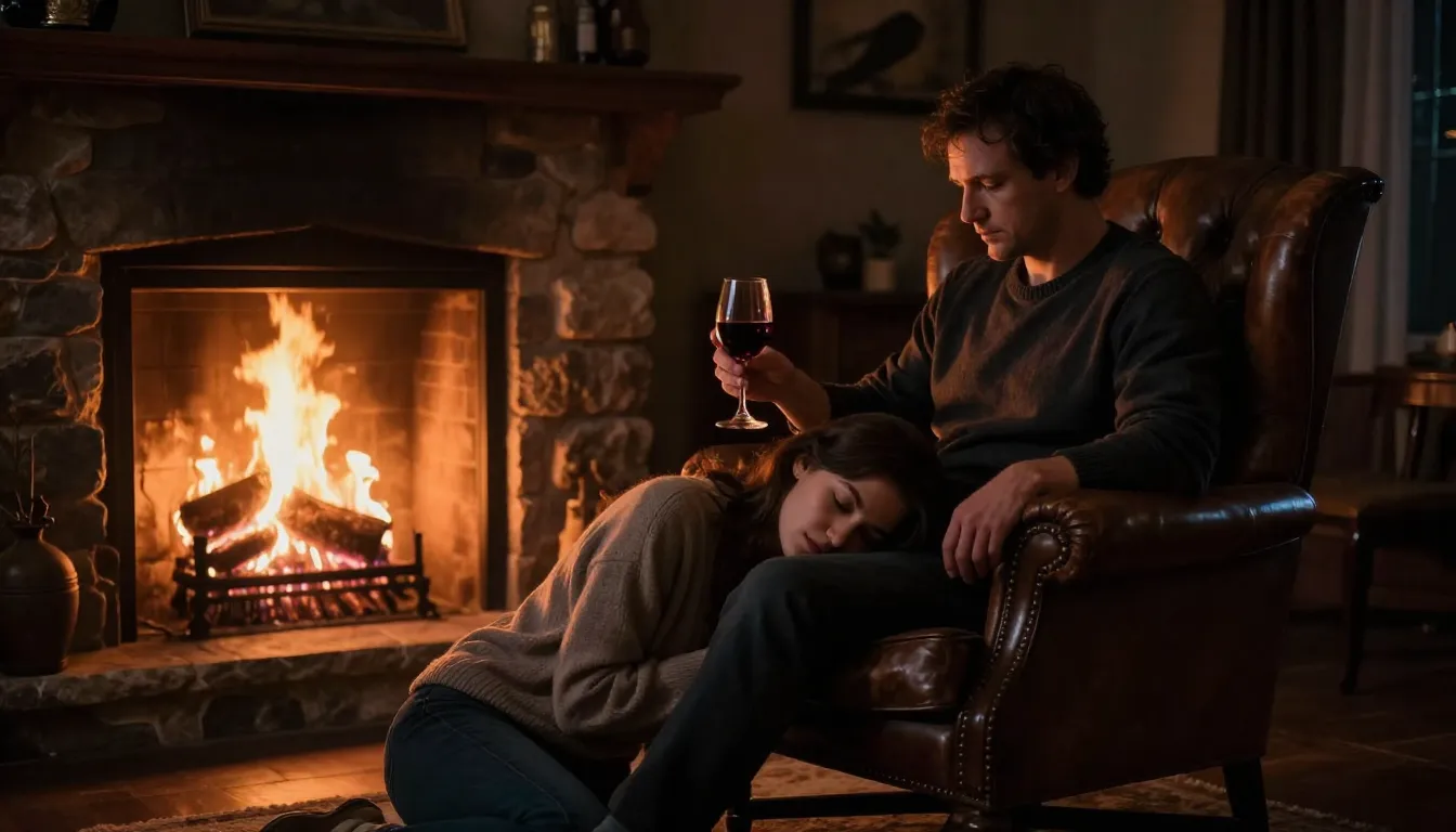 A dimly lit, cozy room at night. A fire is crackling in a st...