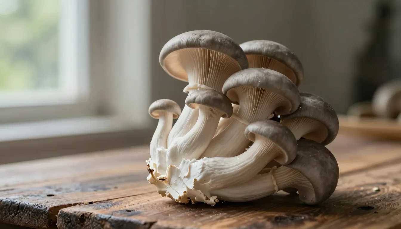 Professional food photography of fresh grey oyster mushrooms...