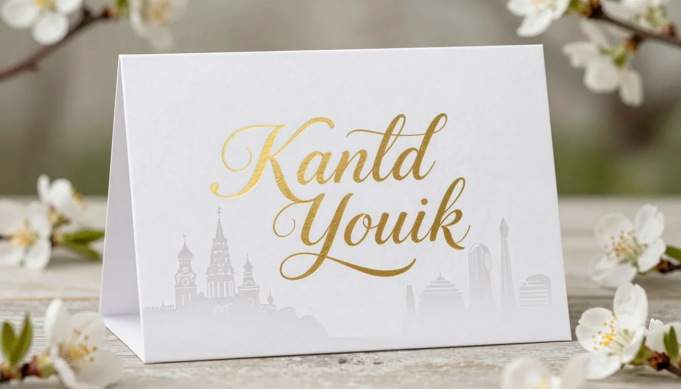 A stylish greeting card with elegant gold lettering, surroun...