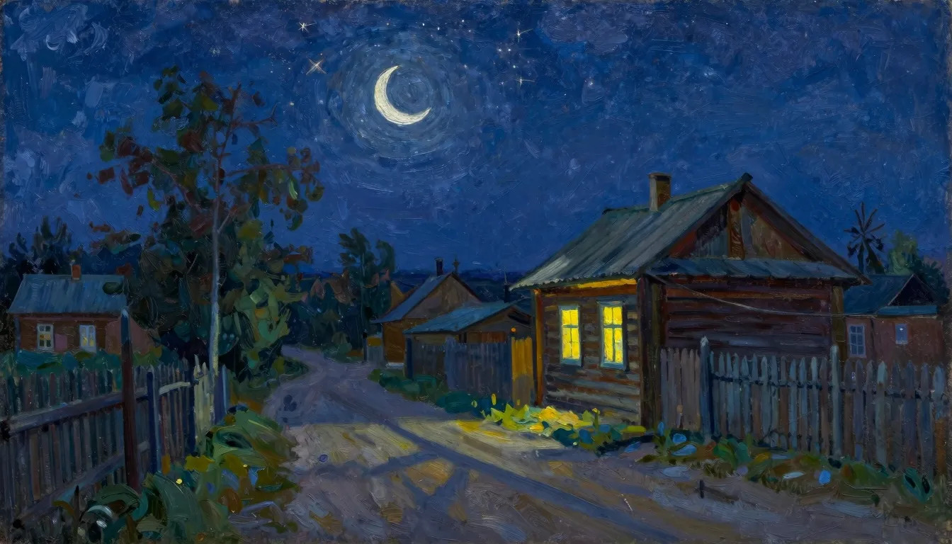 Oil painting of a quiet village street at night. A silver cr...