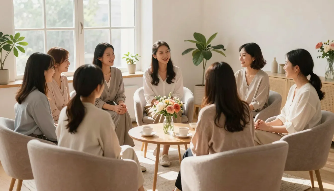 A cozy and bright room for a women's club meeting, soft armc...