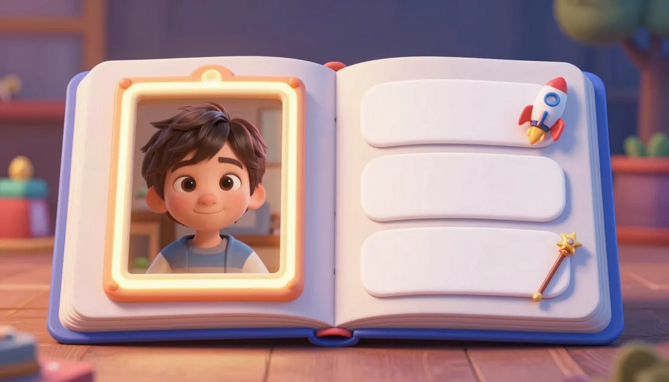A 3D Pixar-style open book spread for the first layout. The ...