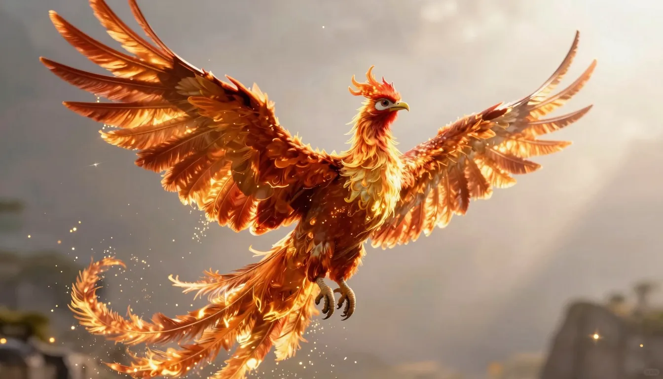 Majestic Phoenix bird dancing in bright sunlight, huge beaut...