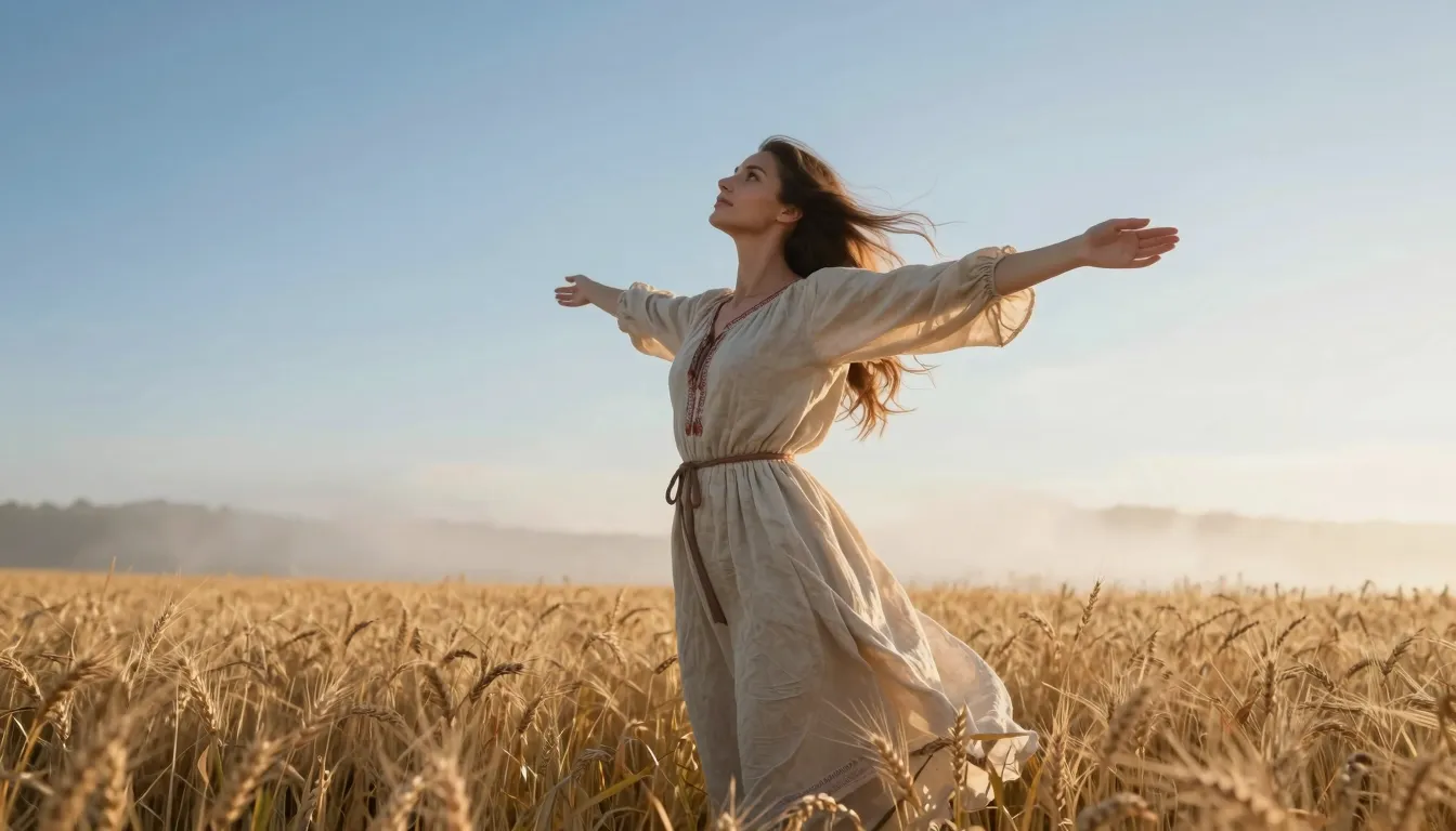 A beautiful woman in a flowing linen folk dress standing in ...