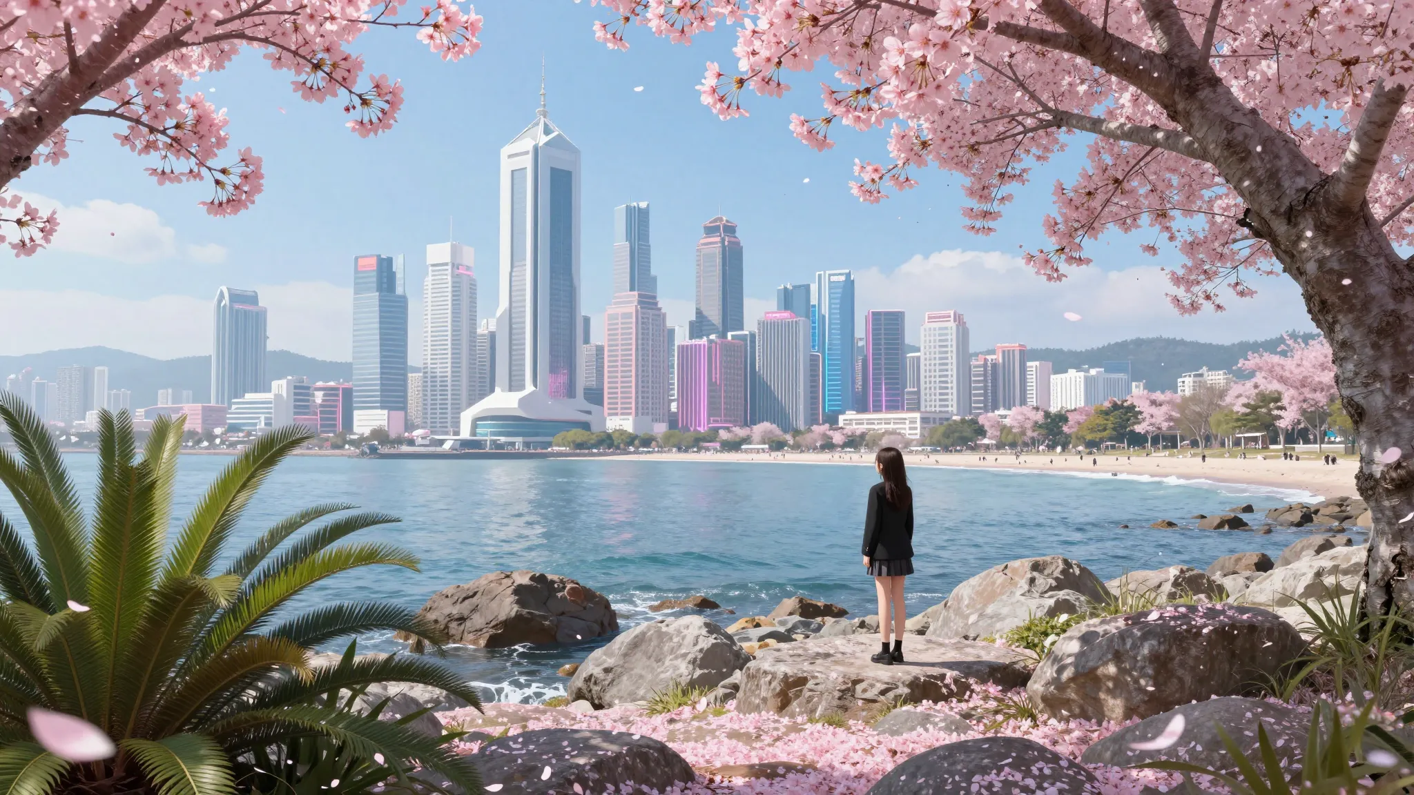 A panoramic view of a rocky coastline where pink sakura peta...