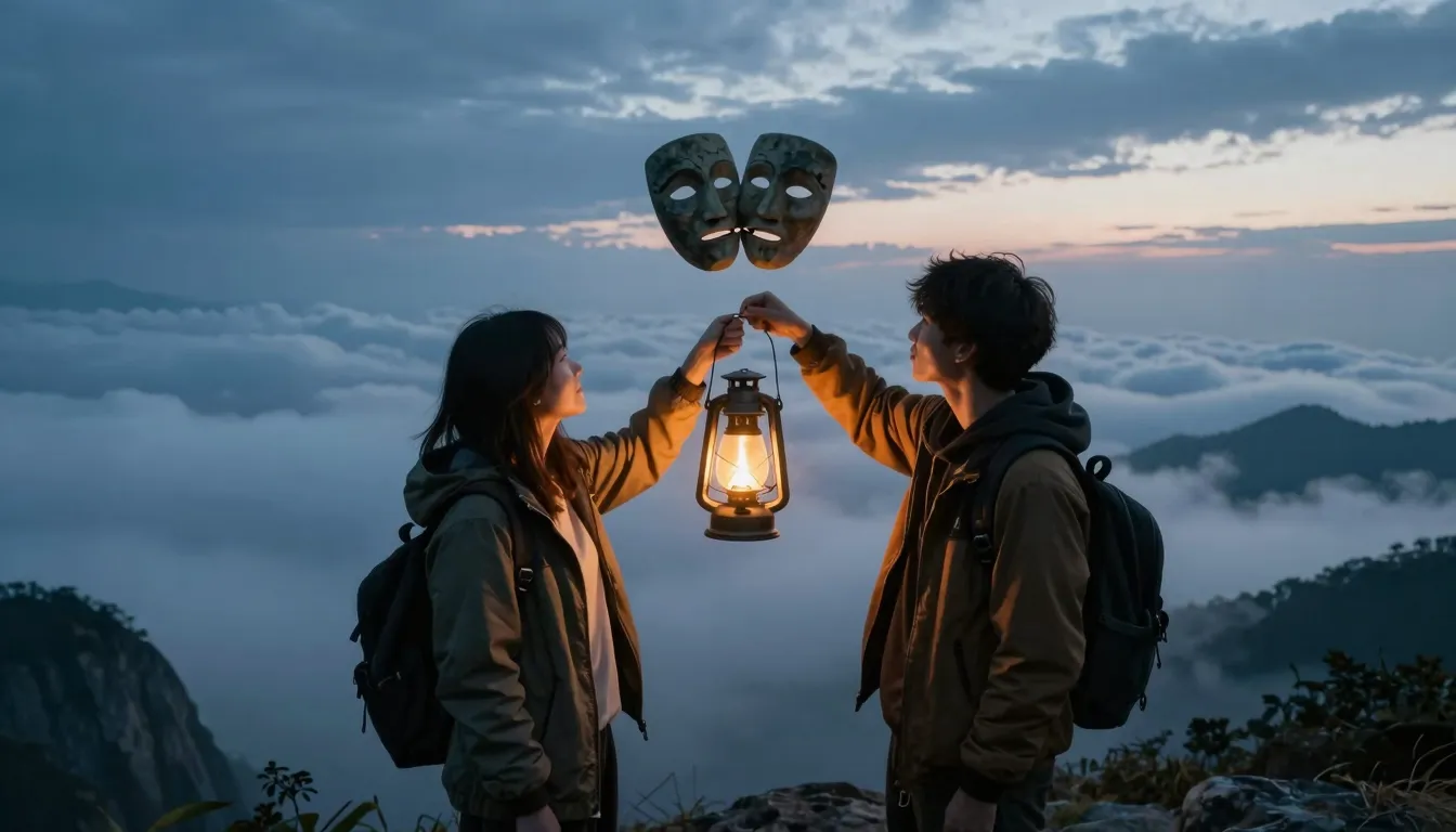 Cinematic shot of two friends standing on a mountain top abo...
