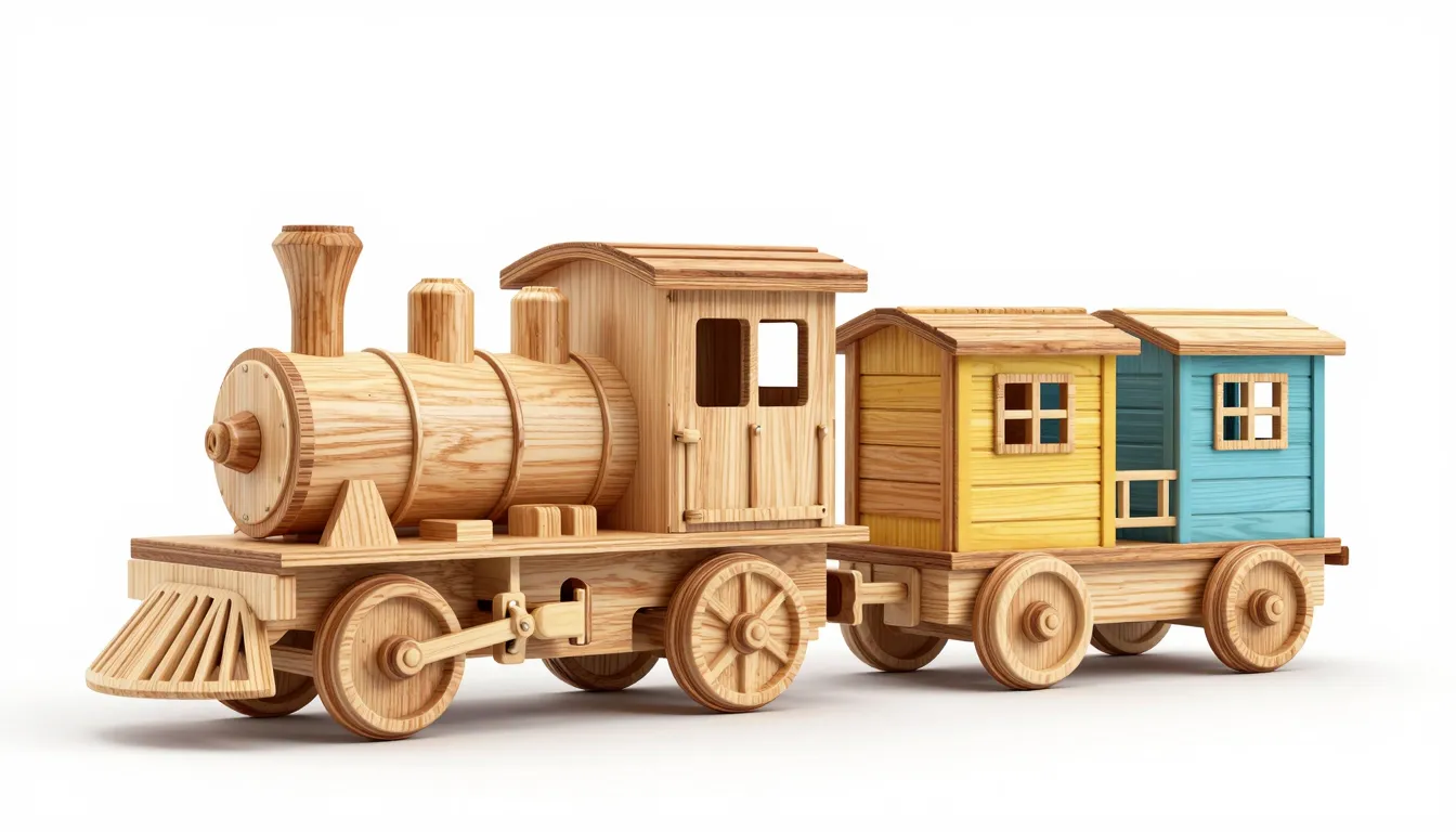 3D render of a toy train made of polished light oak wood, si...
