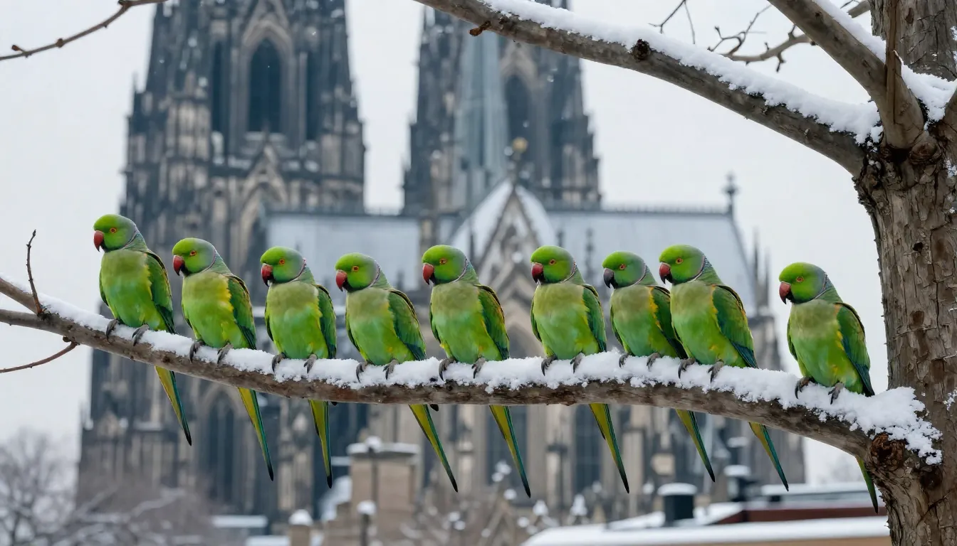A flock of bright green Rose-ringed parakeets sitting on a s...