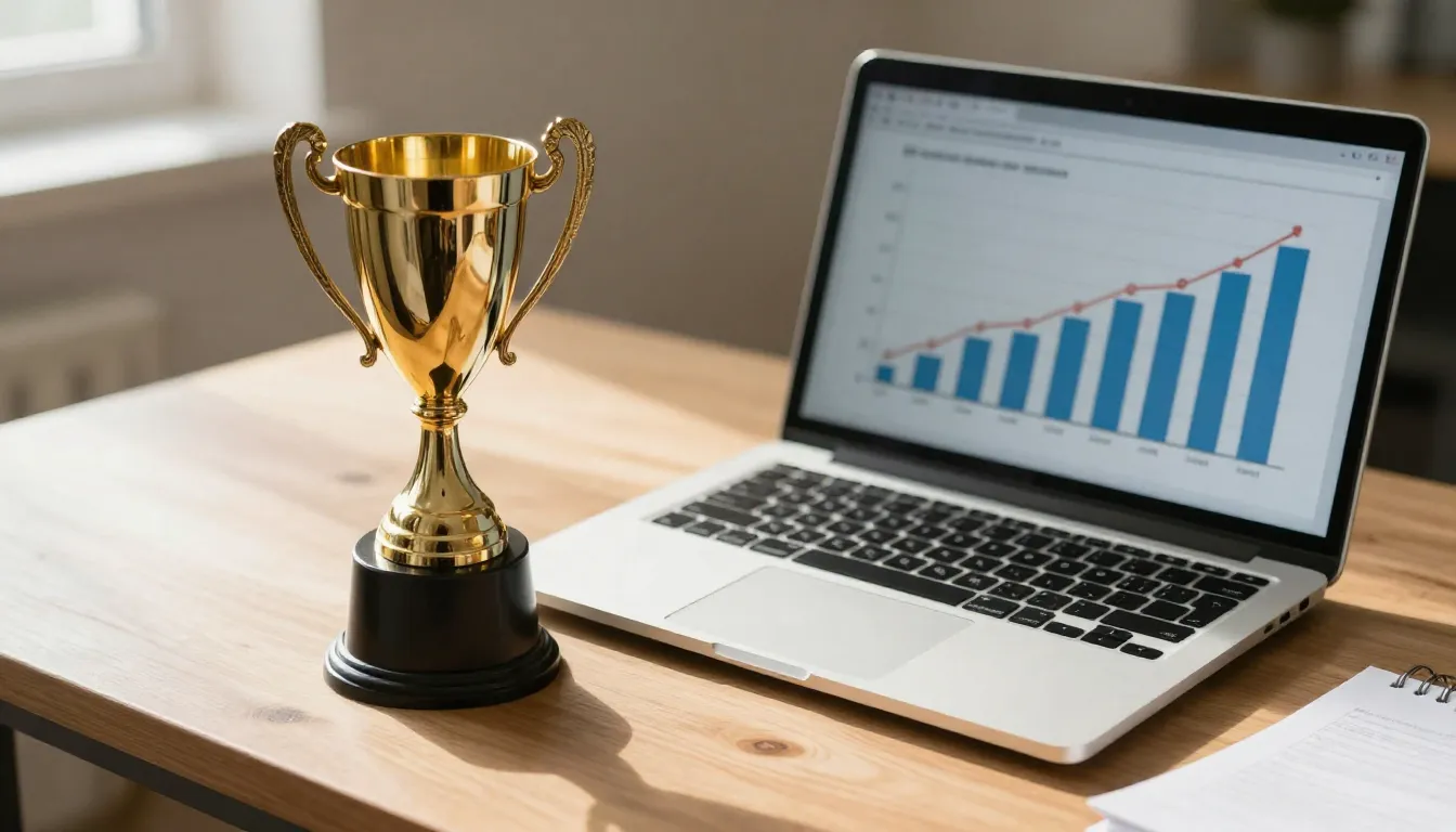 A golden trophy on a wooden desk with a laptop showing a bus...