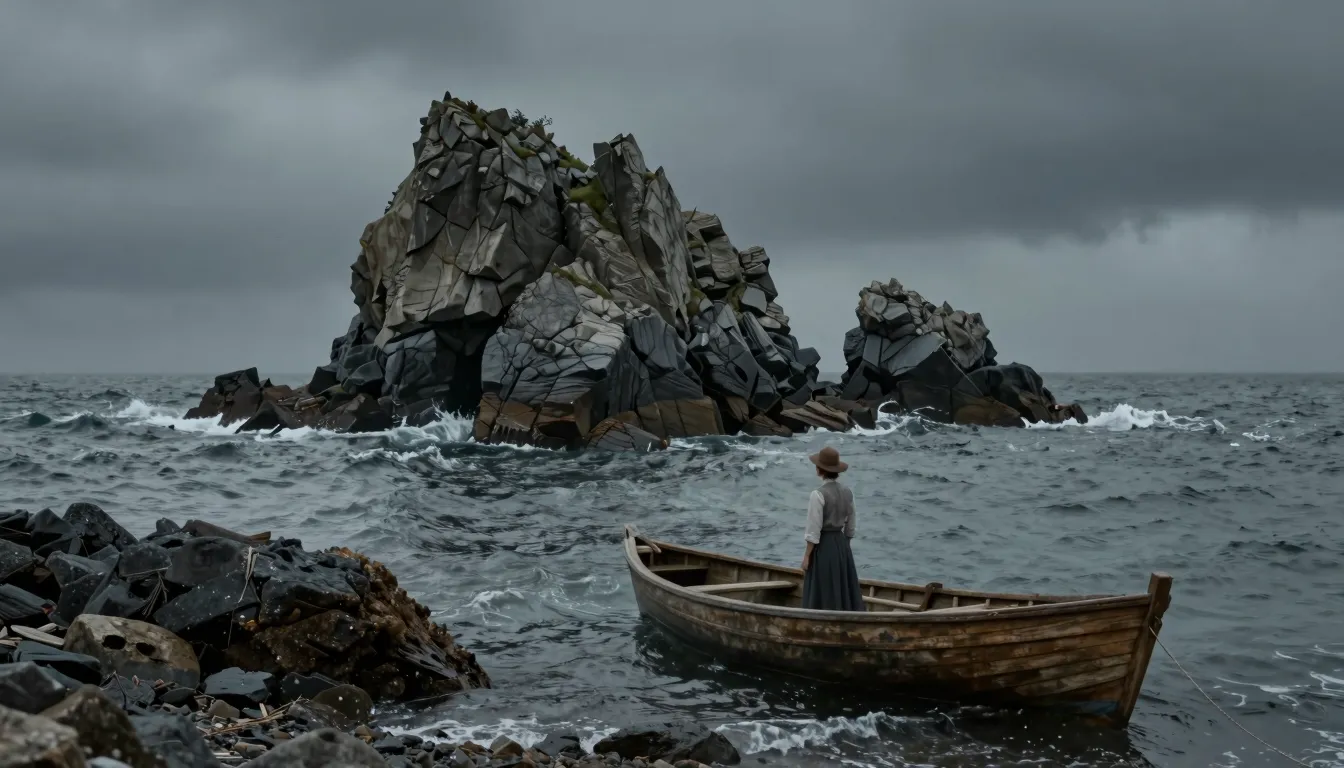 A cinematic shot of a lonely, jagged rocky island in the mid...