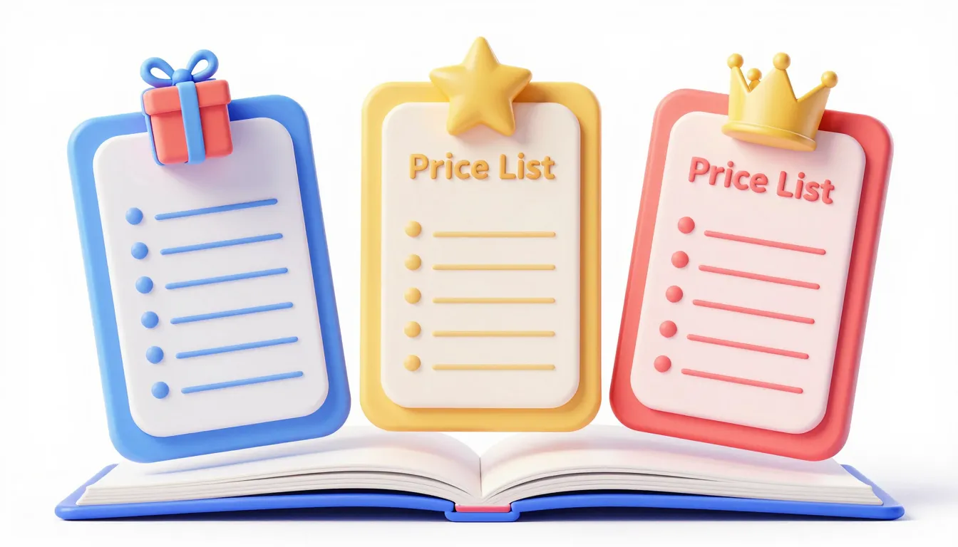 A 3D Pixar-style open book spread for the price list. Three ...
