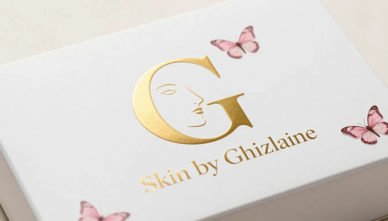 Close-up of a gold foil logo 'Skin by Ghizlane' on a premium...
