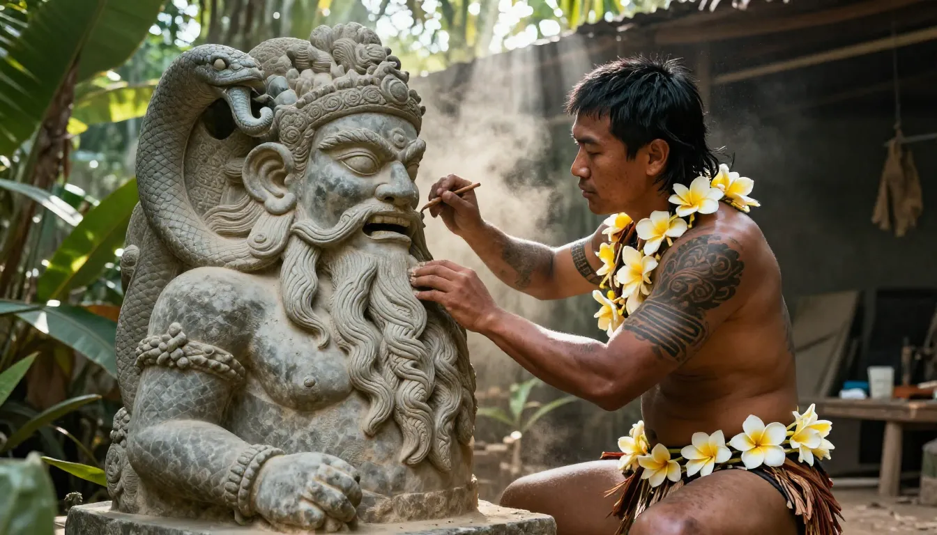 A muscular Mongolian tribal man with traditional tattoos and...