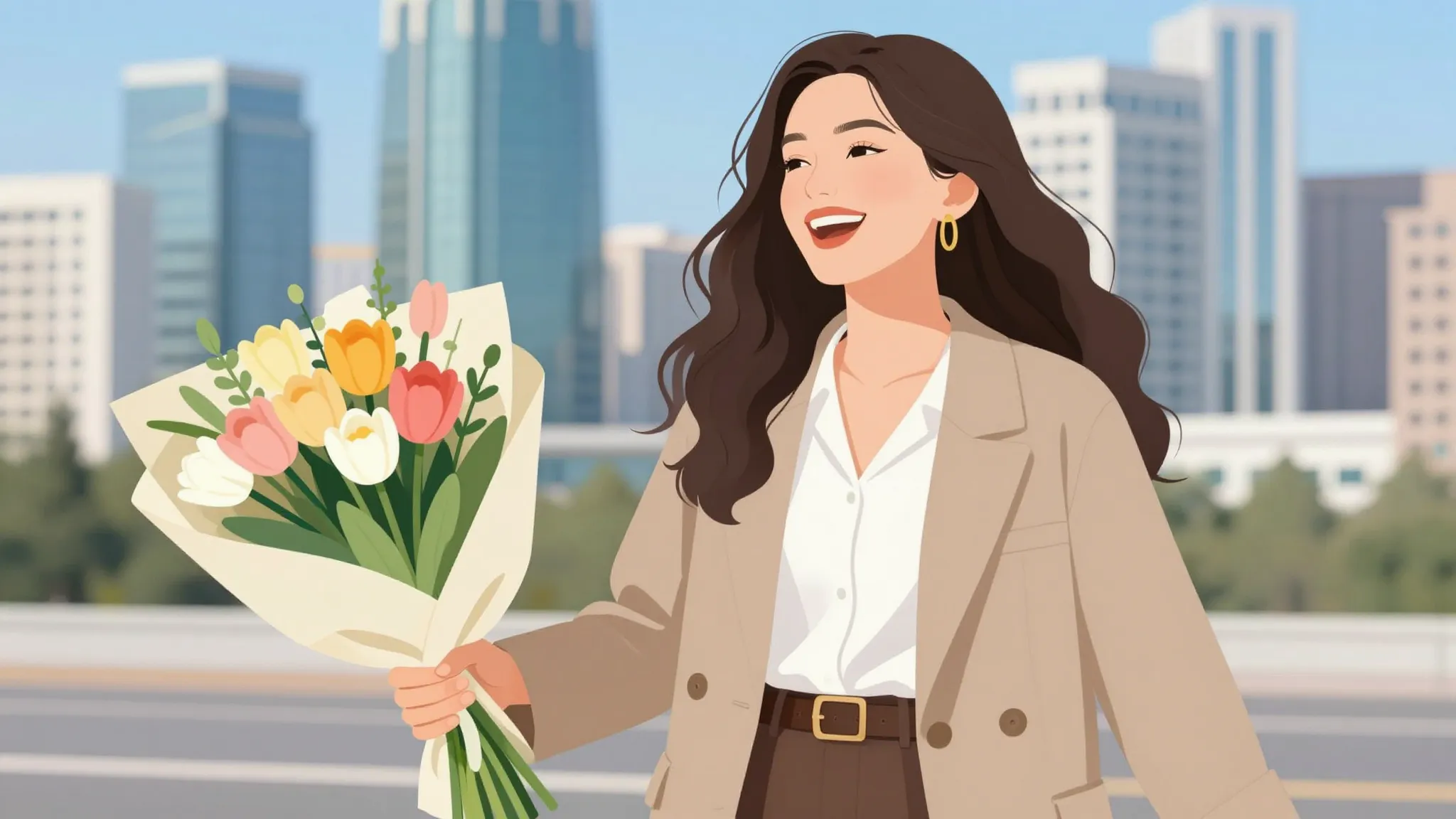 A stylish Kyrgyz woman named Guljamal with a beautiful bouqu...