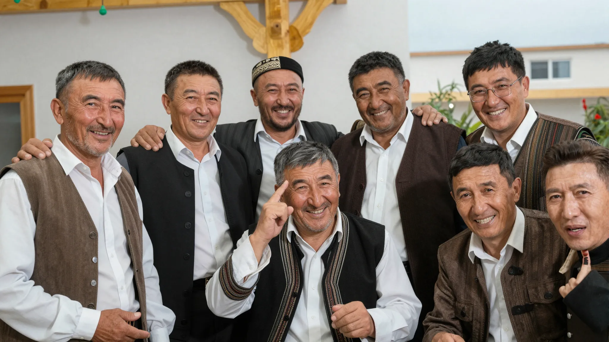 Happy group of Kyrgyz men of the same age celebrating togeth...
