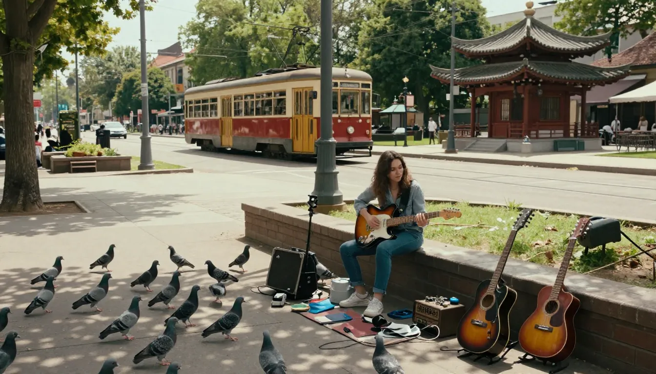 A vibrant urban scene. A young woman sits with an electric g...