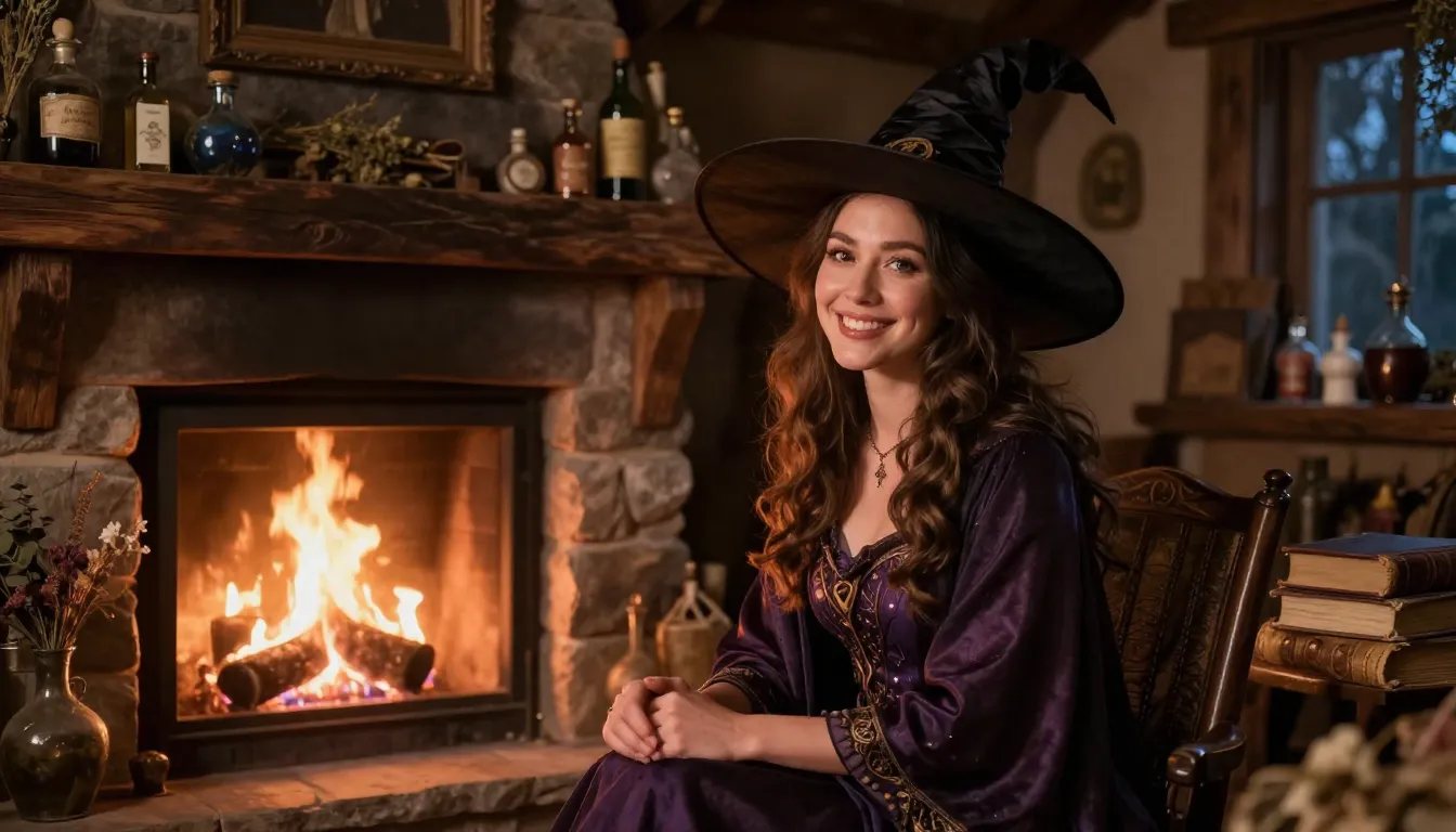 A beautiful, kind-faced witch with a warm, gentle smile, sit...