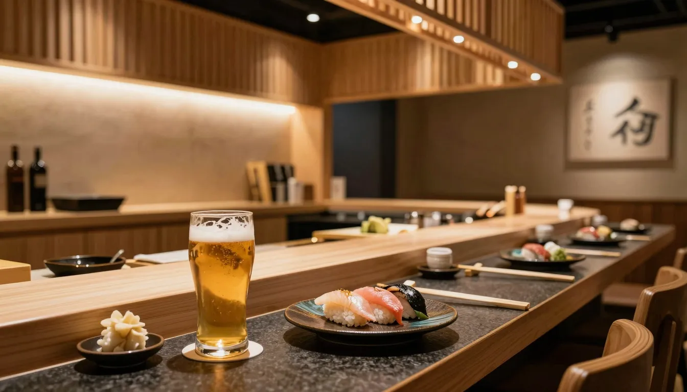 Interior of a modern craft bar and sushi restaurant, wooden ...