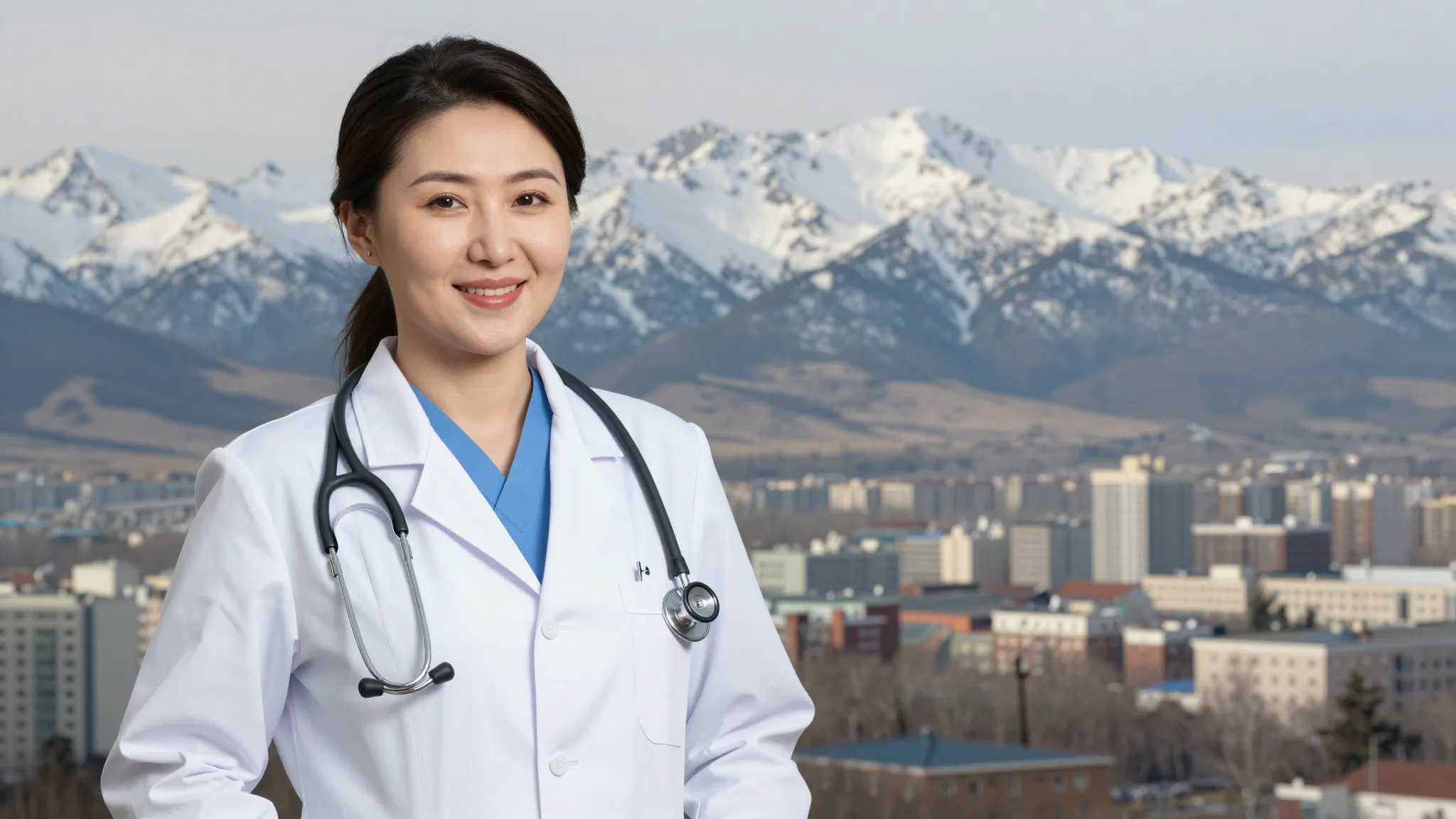 A beautiful Kyrgyz female doctor named Guljamal, wearing a w...