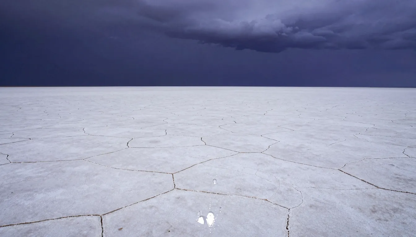 Aerial view of a white salt desert under a deep indigo storm...