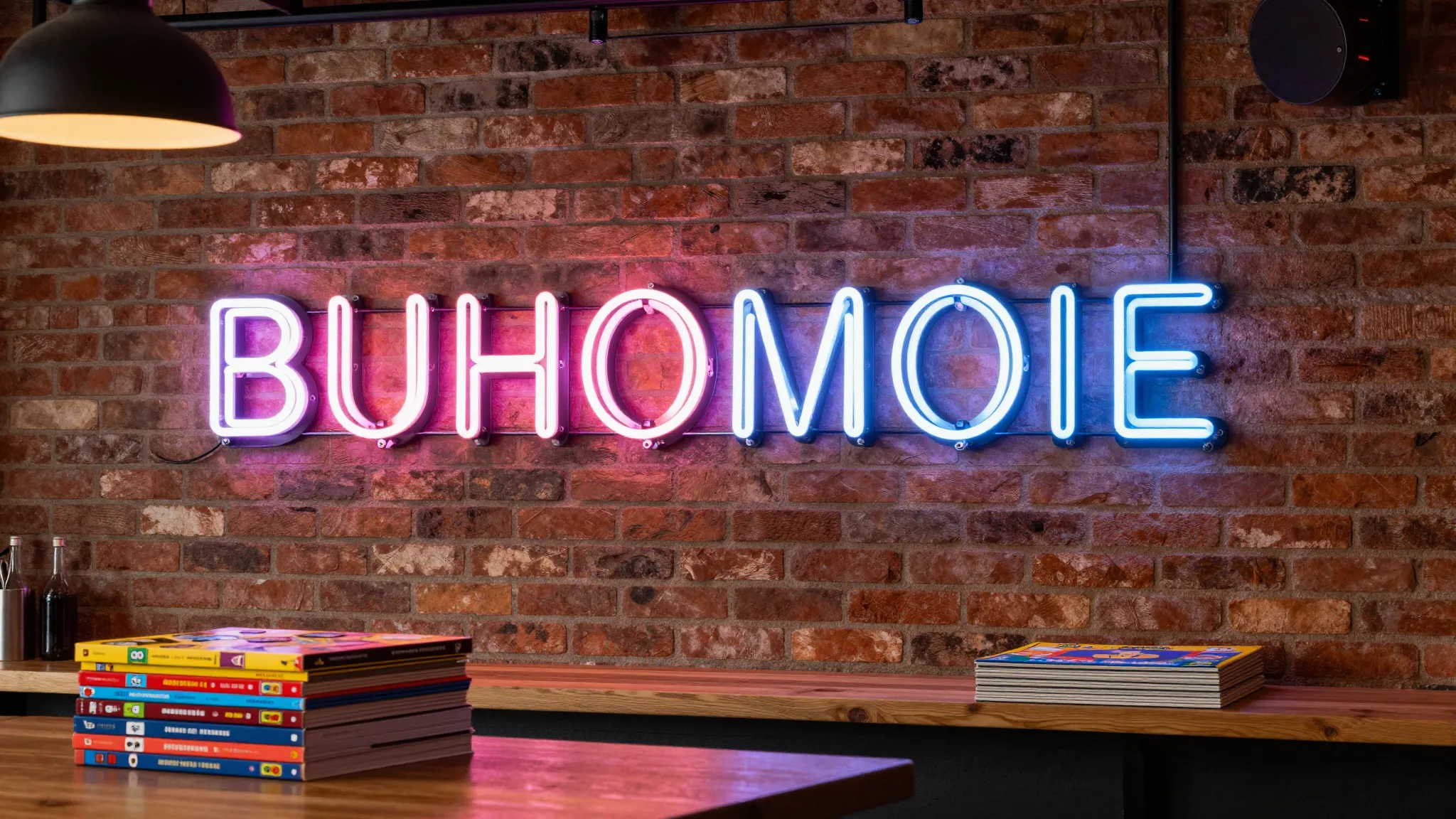 A stylish neon sign with the text 'BUHOMORE' on a brick wall...