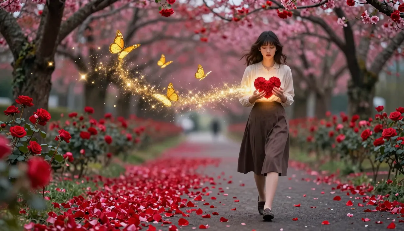 A girl walking on a road of red rose petals through a sakura...