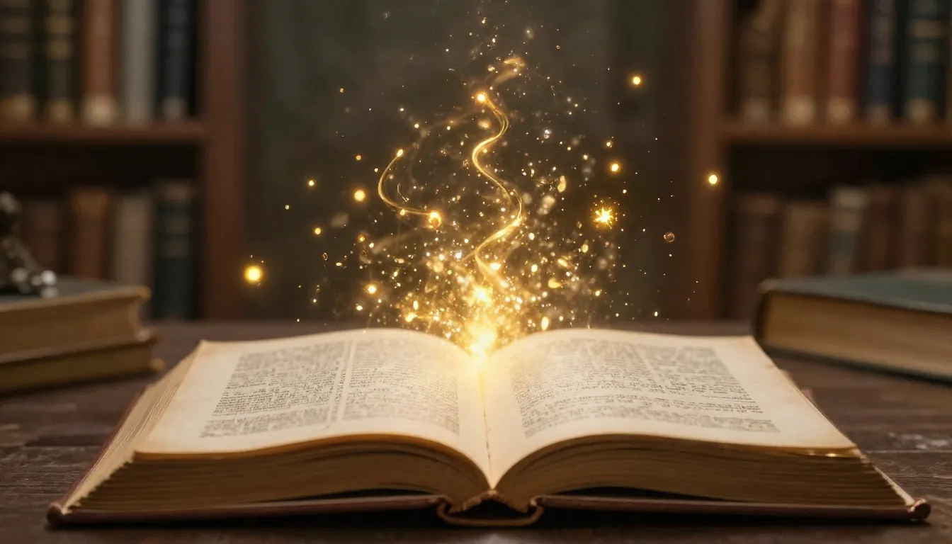 A mystical ancient book lying open, glowing magical text ris...