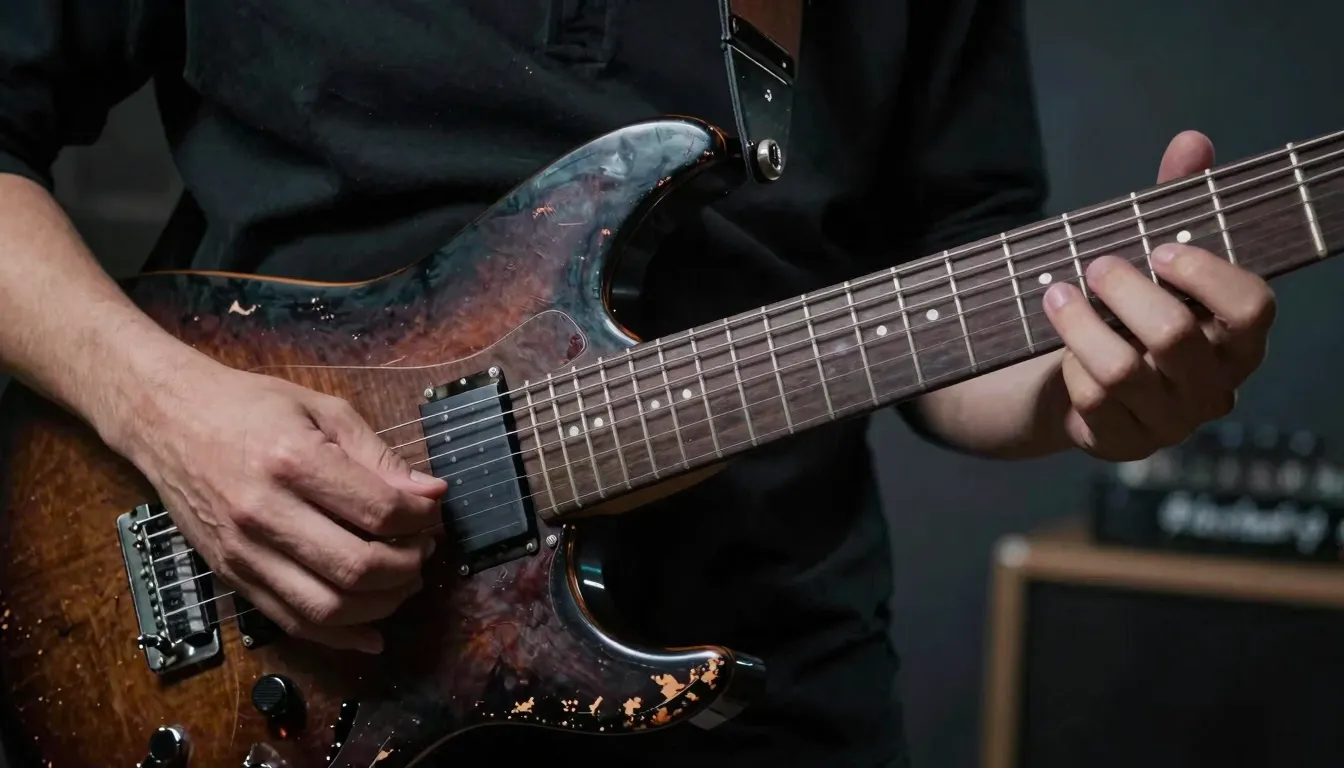 Close-up of a guitar player's hands moving fast on a dark, w...