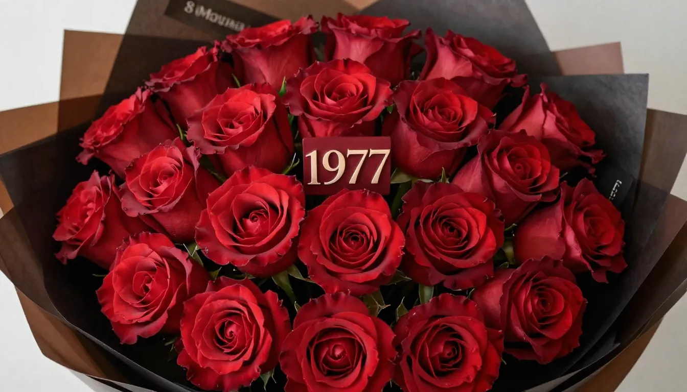 A stunning, luxurious bouquet of deep red roses, elegantly a...