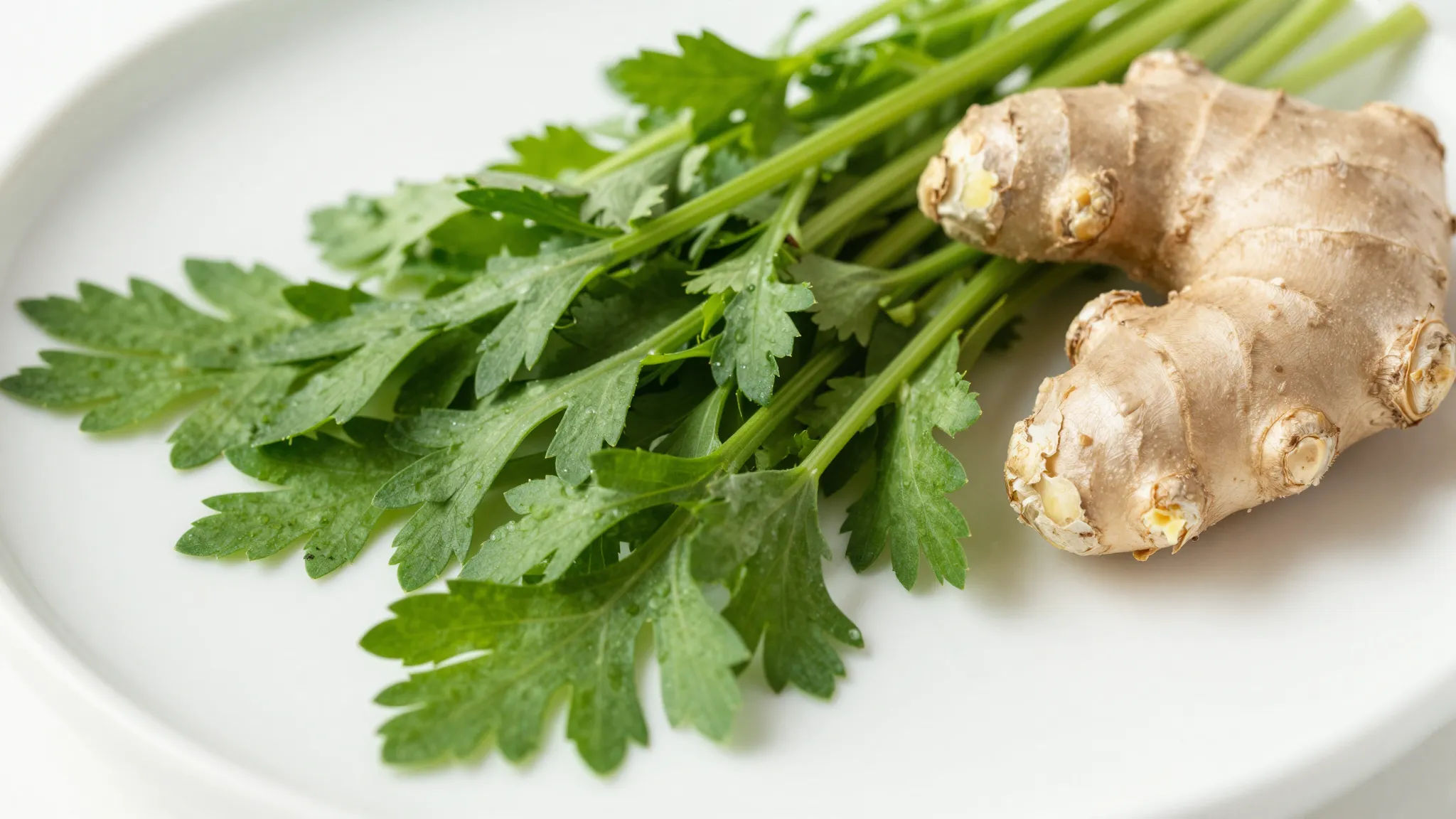 Close-up of fresh green herbs and ginger on a white plate, m...