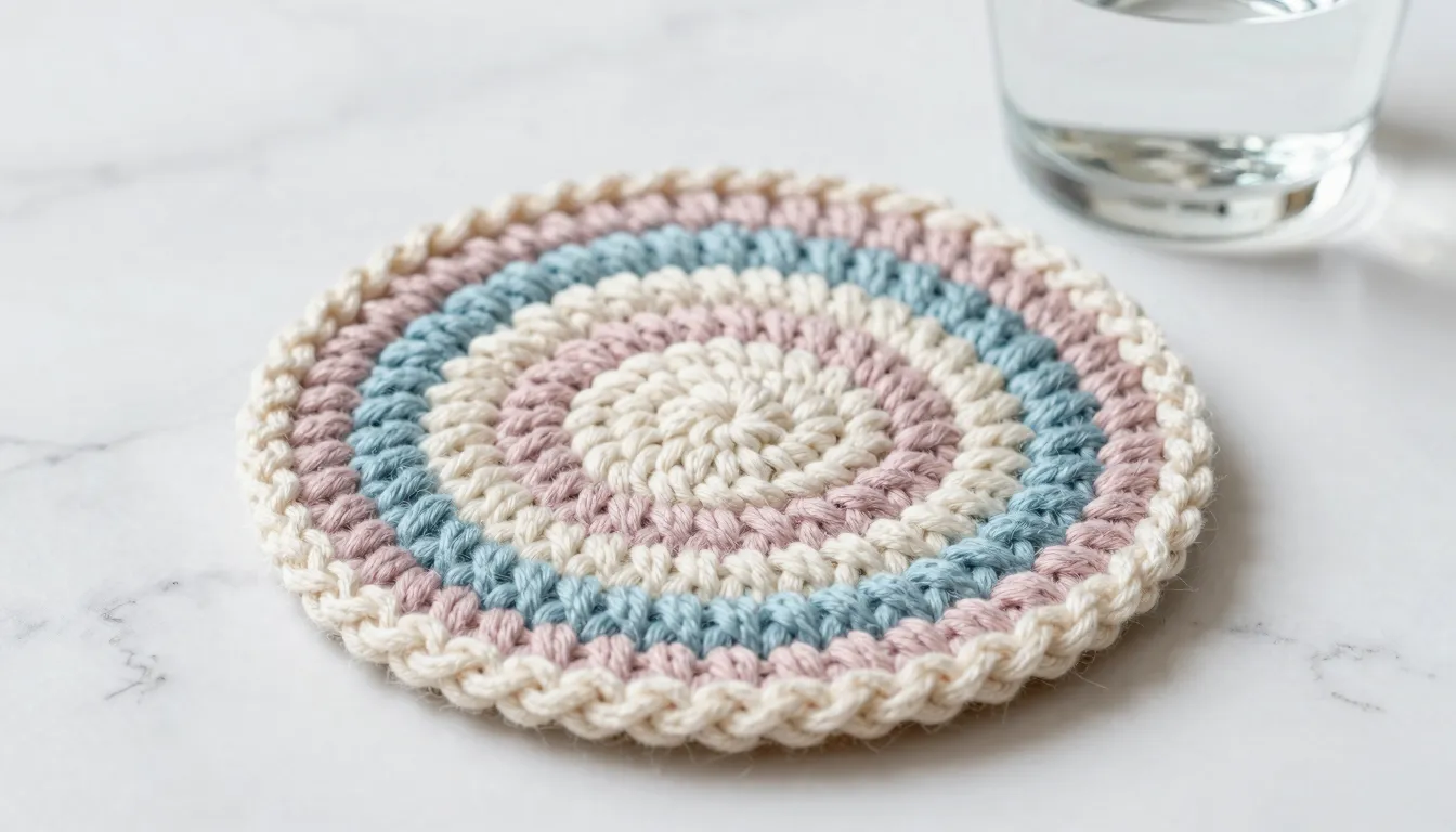 Aesthetic product photography of a handmade knitted coaster,...