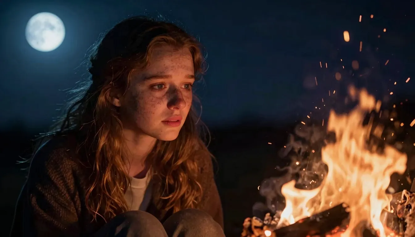 A beautiful European girl with freckles looking into a dying...