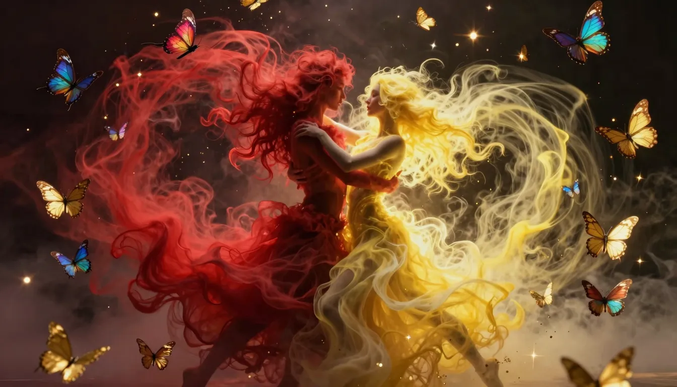 A breathtaking cinematic shot of two intertwining energies d...