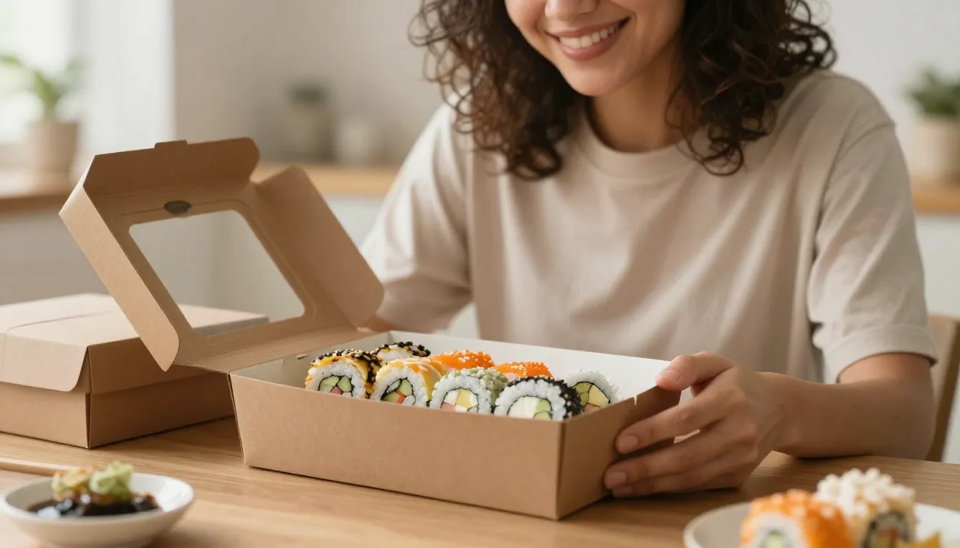 A happy person opening a delivery box with premium sushi rol...