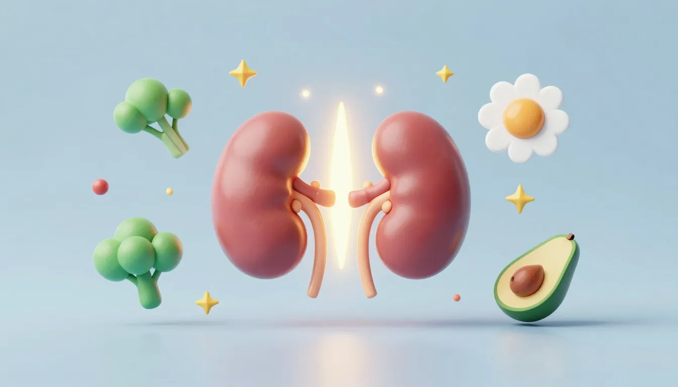A minimalist infographic showing a healthy kidney surrounded...