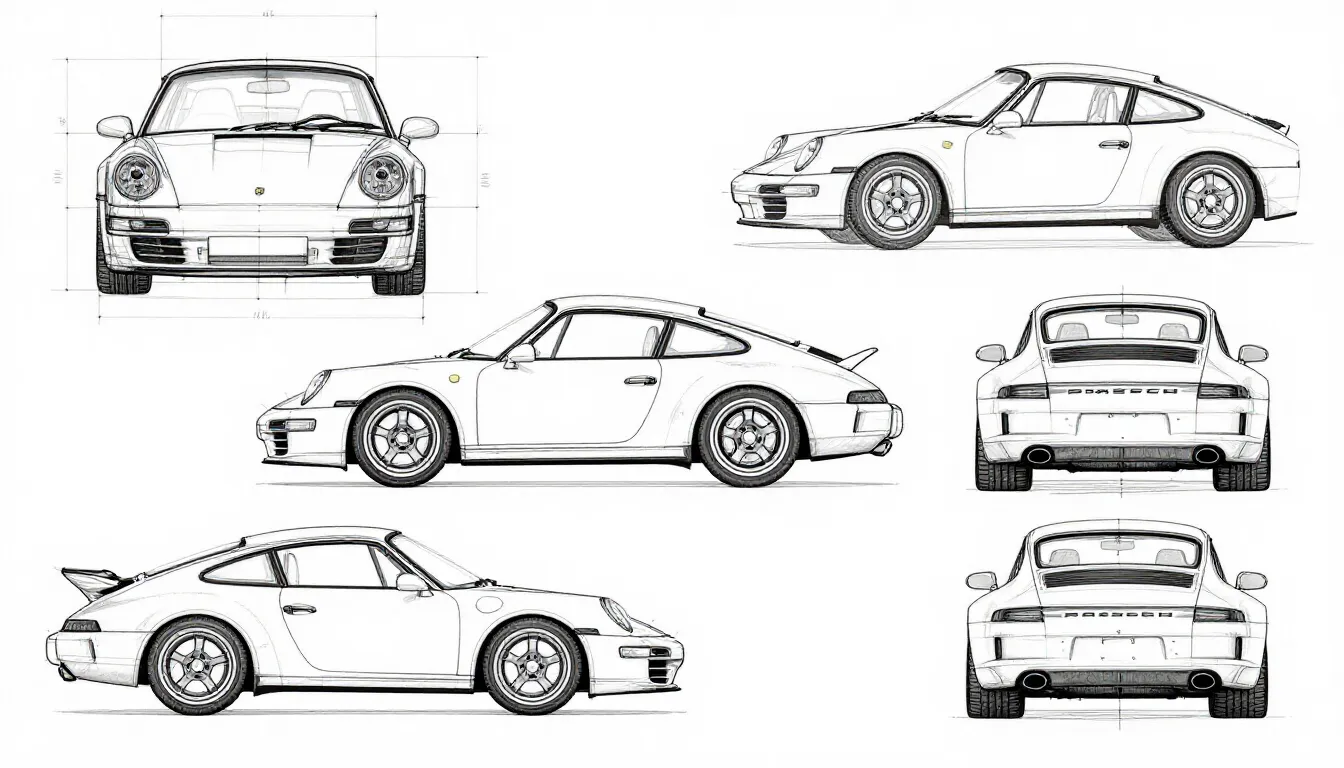 Detailed technical blueprint of a Porsche 911, multi-view la...