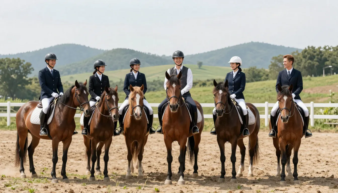 A group of happy people of different ages learning to ride h...