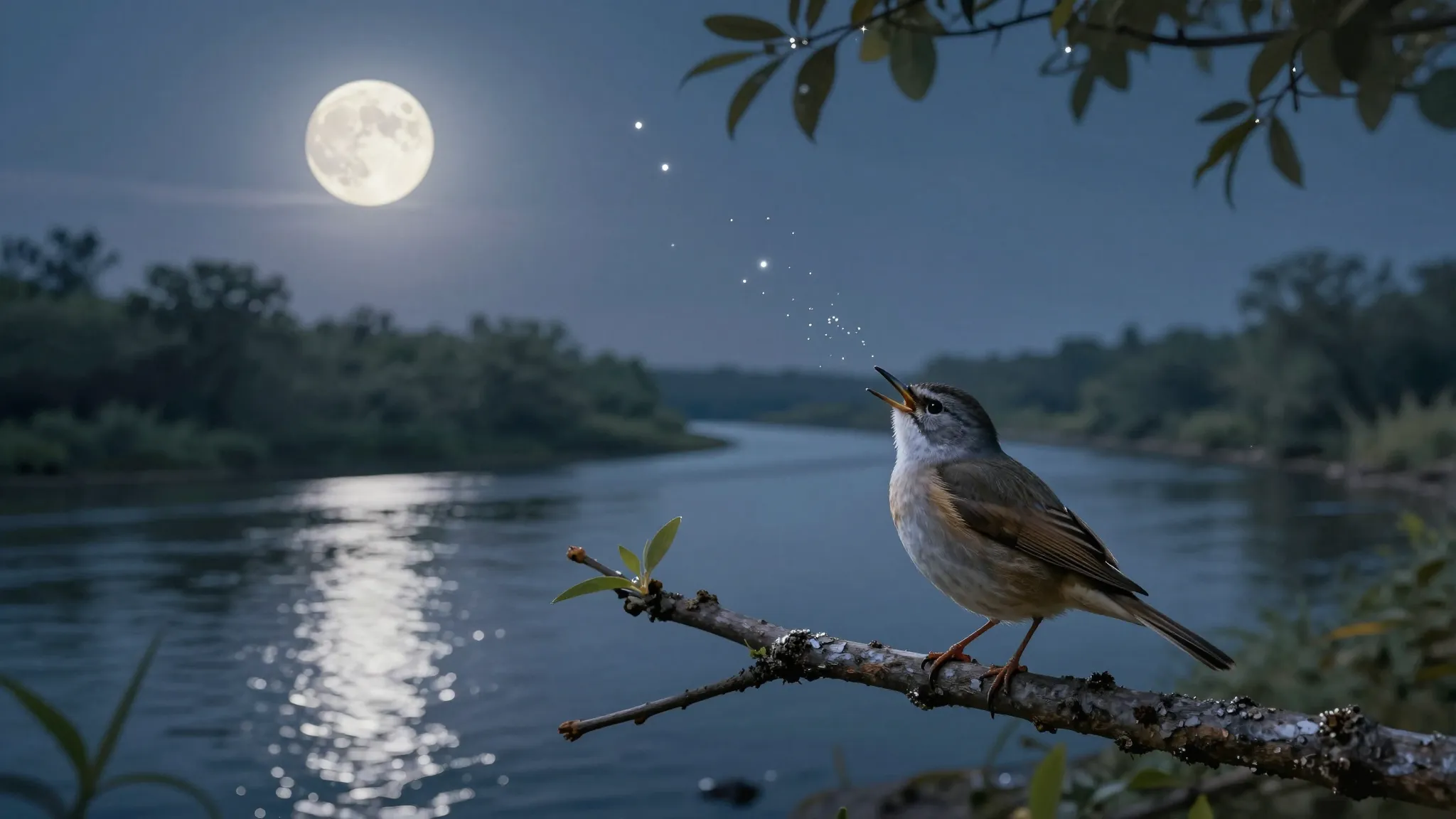 A serene night landscape with a wide river reflecting a brig...